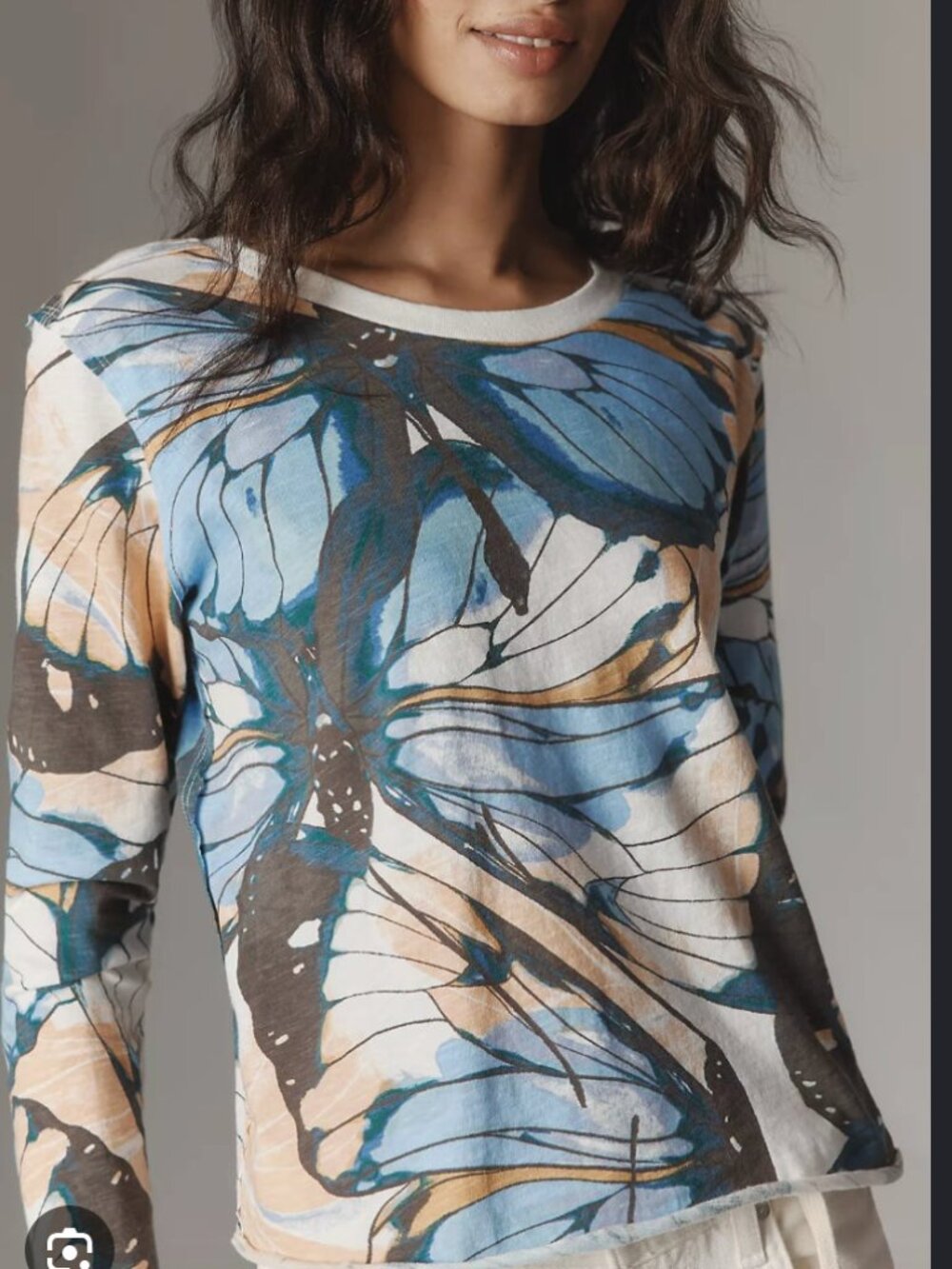 Anthropologie Maeve Blue & Orange Butterfly Print Long-Sleeve Top Size Small